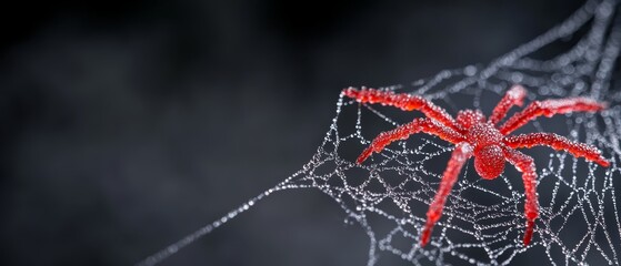  A tight shot of a spider's web, adorned with water droplets, against a dark backdrop