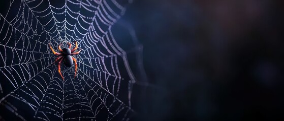  A spider atop its web, in the heart, with water droplets