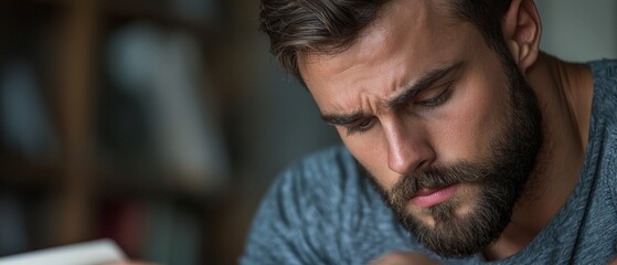 Wall Mural -  A bearded man gazes at his cell phone, his right hand holding an object