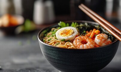 A bowl of ramen noodles with shrimp, egg, seaweed, and carrots, garnished with green onions.