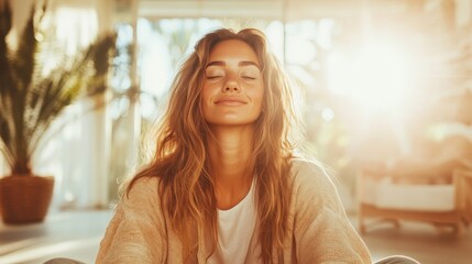 A serene woman with long hair enjoys a moment indoors, bathed in golden sunlight, surrounded by greenery in a beautifully lit, peaceful setting, evoking mindfulness.