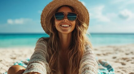 A cheerful woman wearing a stylish hat and sunglasses enjoys a sunny day on a tranquil beach, capturing the essence of leisure and joy by the serene seaside.