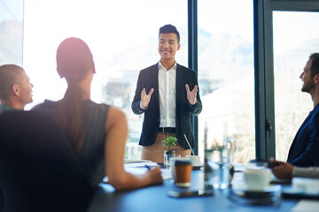 Poster - Meeting, presentation and man in office with discussion, collaboration and planning growth proposal. Ideas, development and business people in conference room with advice, strategy and sales pitch