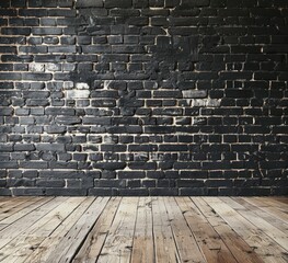 Poster - Black Brick Wall and Wooden Floor Background