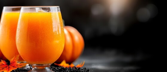 Wall Mural -  A tight shot of two glassed orange juice on a table against a background of pumpkins, not black