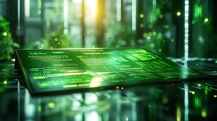 A futuristic tablet displaying green code in a digital environment.