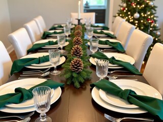 Elegant holiday dining table set with green napkins, pinecones, and festive decorations in a cozy home during Christmas