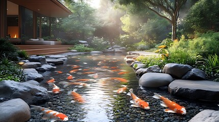 Wall Mural - A tranquil koi pond with a wooden deck and lush greenery.