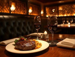 高級ステーキハウスでのディナーと赤ワイン | dinner and red wine at an upscale steakhouse