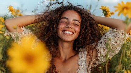 A cheerful woman with vibrant curly hair stands in a field of daisies, beaming with happiness. She enjoys the natural beauty and breeze on a sunny day.