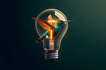 A glowing light bulb with a detailed 3D hummingbird inside, symbolizing creativity, innovation, and bright ideas.