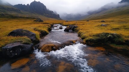 A tranquil mountain stream flows gently through an open landscape surrounded by rustic autumn colors and misty mountains, creating a peaceful natural escape.