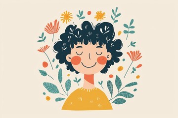 A joyful child with curly hair surrounded by colorful flowers and leaves in a cheerful garden setting