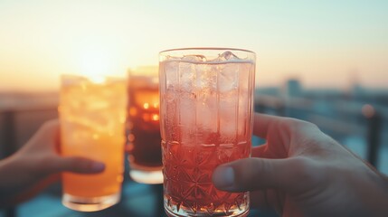 A group of friends sharing icecold drinks at a rooftop party, city lights twinkling in the background, sunset glow