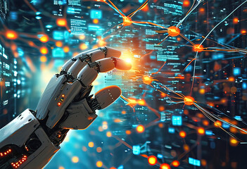 human hand touching robot hand touching large network connection, electrical signals, program codes