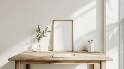 A minimalist home office with white walls and a wooden desk. The desk features a blank picture frame and a single stylish lamp. Gentle