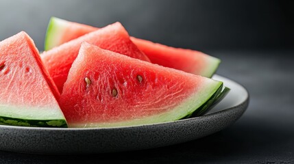 Close-up of fresh watermelon slices on a dark plate, showcasing their vivid colors, juicy textures, and natural allure in a simple yet elegant presentation.