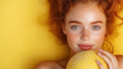 a red-haired woman with striking freckles poses with a yellow melon against a bright yellow backdrop