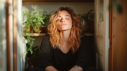 A peaceful woman basks in warm sunlight while seated, eyes closed, surrounded by lush, green indoor plants in a cozy, inviting setting suggestive of tranquility.