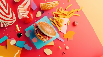Poster - Bright colors and abstract shapes feature stylized burger, fries, and pizza icons creating a fun, energetic atmosphere. Generative AI
