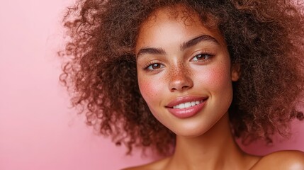 A radiant curly-haired woman smiles warmly, her freckles adding charm, against a soft pink background, cultivating a feeling of warmth and approachability.