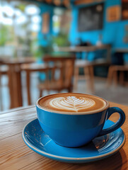 Blue-themed seaside cafe with a cup of American coffee