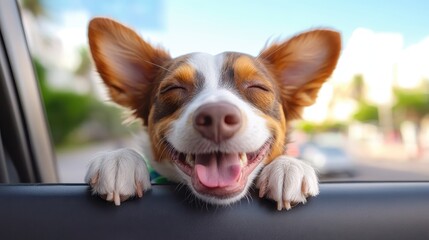 A happy, small dog with closed eyes leans out of a car window, enjoying the breeze, representing joy and freedom in a lively and playful setting on a sunny day.