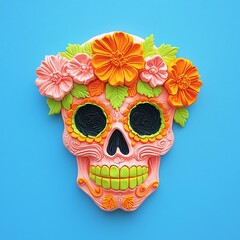 Colorful sugar skull with flowers, artistic design on a blue background.