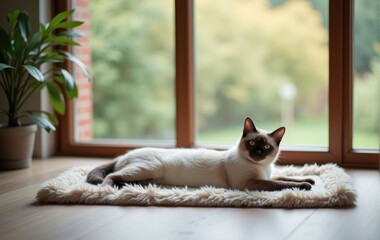 A LaPerm cat lying on a plush rug in front of a large floor-to-ceiling window