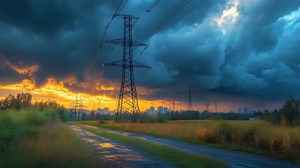 A dirt road leads towards a city skyline at sunset, with an electrical tower silhouetted against a dramatic sky.