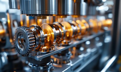 A close-up view of a crankshaft and gears in a production line. The gears are spinning and the crankshaft is rotating. The background is blurred, suggesting a factory setting.