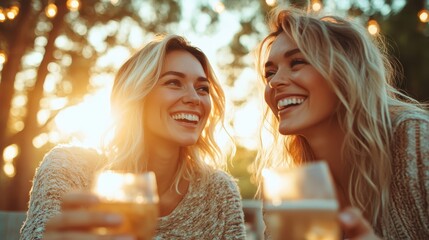 two friends raise their glasses in celebration under warm, twinkling lights as evening falls, symbol