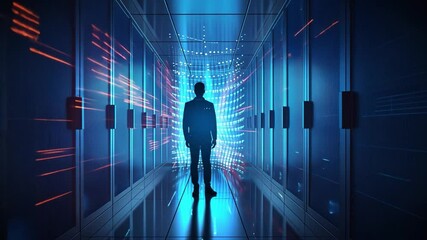 Poster - The silhouette of a person moves through a dark hallway illuminated by vibrant blue and red lights, creating a striking visual in a modern data center.