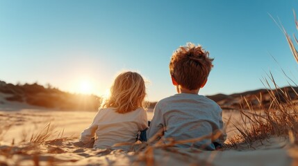 Two young children sit closely on the sandy dunes, facing the setting sun. Their silhouettes and the serene landscape evoke a sense of tranquility and togetherness.