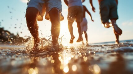 Enthusiastic feet create splashes in the ocean, capturing the energy and thrill of running in the waves on a sunny beach day, full of life and motion.