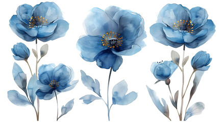 set of blue watercolor flowers, leaves and twigs on white background. botanical watercolor painting 