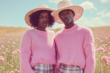 two male models wearing pink sweaters and plaid shorts, standing in the middle of a flower field, with hats on their heads, in soft pastel colors