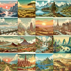 Cartoon landscapes. AI generated illustration