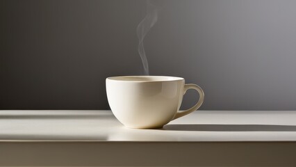 A white ceramic mug sits on a wooden tabletop against a soft gray background. Light casts gentle shadows, highlighting its simple, elegant form.