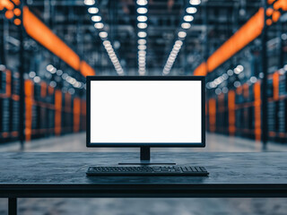 Computer showing blank screen standing on table in server room