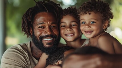 A father joyously embraces his two sons outdoors, capturing the essence of love, togetherness, and happiness in a family setting filled with natural light.