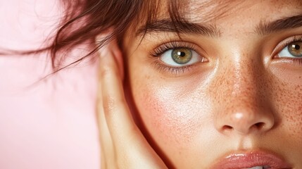 A close-up shot of a woman's face highlighting her green eyes and freckles, radiating natural beauty and confidence in a serene and soft pink background setting.