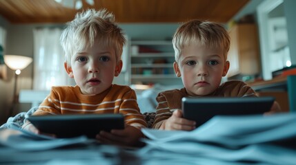 Two young boys intently using tablets, surrounded by scattered sheets of paper, focusing on digital screens in a modern interior setting.