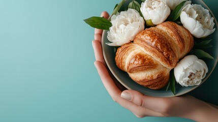 A croissant is beautifully presented in a green bowl, surrounded by white flowers and green leaves, emphasizing a blend of culinary art and natural aesthetics.