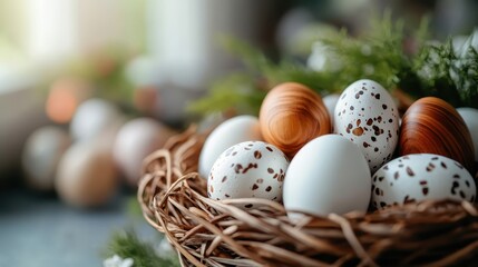 A close-up of a basket filled with various speckled and plain eggs, some naturally colored and some painted, resting on a rustic table, creating a pleasing decoration.