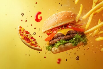 Poster - Bright yellow background features stylized fast food icons like burgers, pizza, and fries, creating a fun, vibrant atmosphere. Generative AI