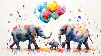 Watercolor painting of two elephants and a baby elephant