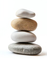 Sticker - Balanced Polished River Stones Stacked on White Background Symbolizing Tranquility and Harmony