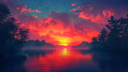 Wall Mural - A sunset view over a calm river, with silhouettes of trees against the colorful sky.