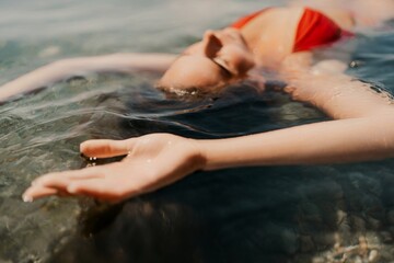 Happy woman sea relaxing floating in transparent sea water on summer holiday. Travel leisure recreation lifestyle, female in nature.